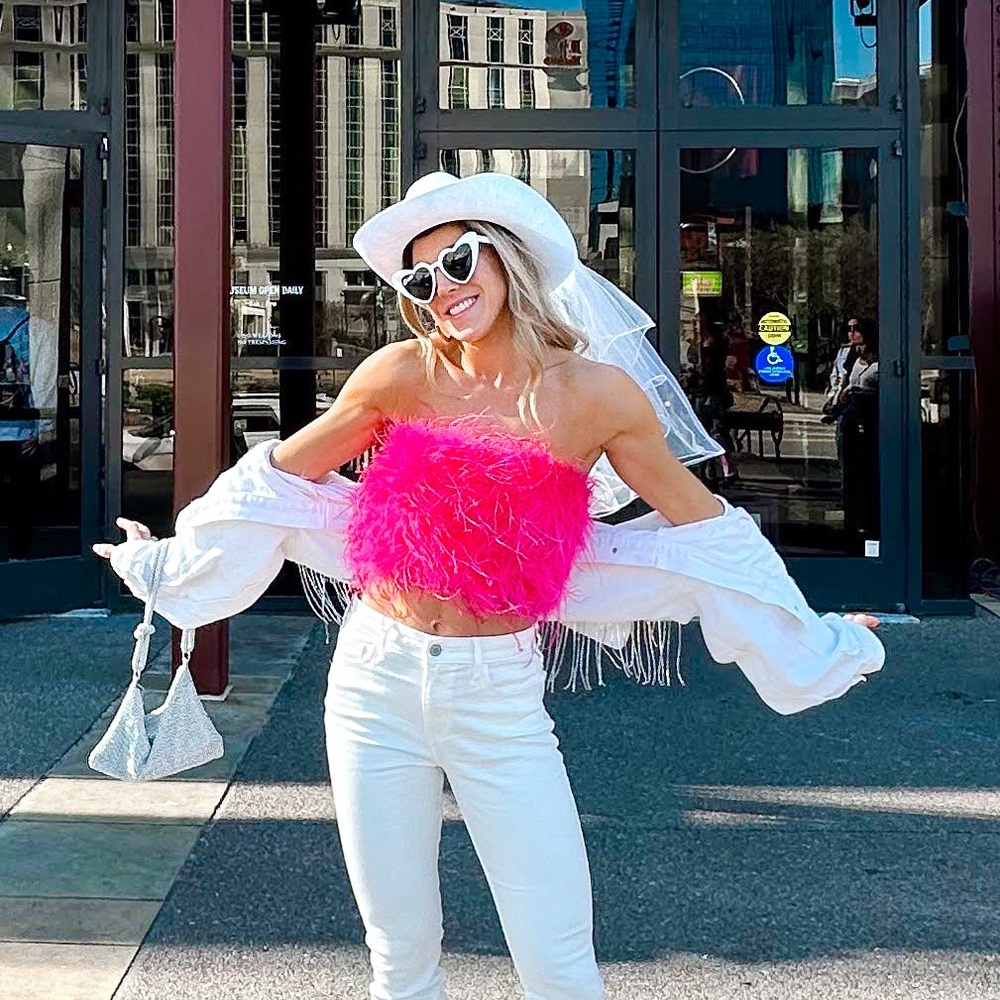 12th Tribe Chanel Fuchsia Faux Feather Top
